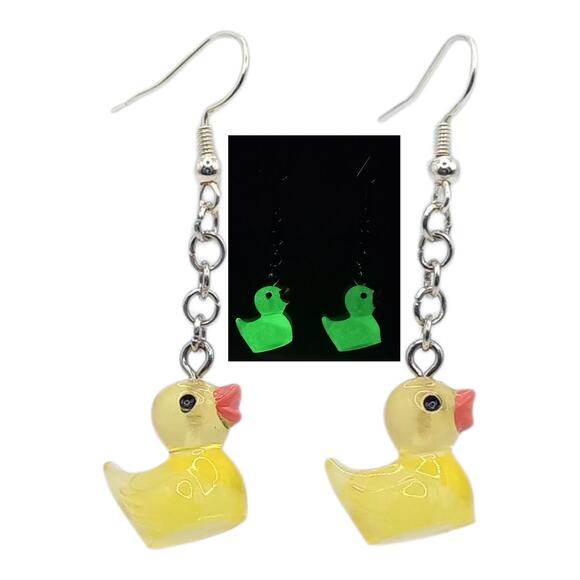 Yellow Glow in the Dark Duck Earrings Rave Festival Rubber Duck Jewelry - Picture 1 of 4